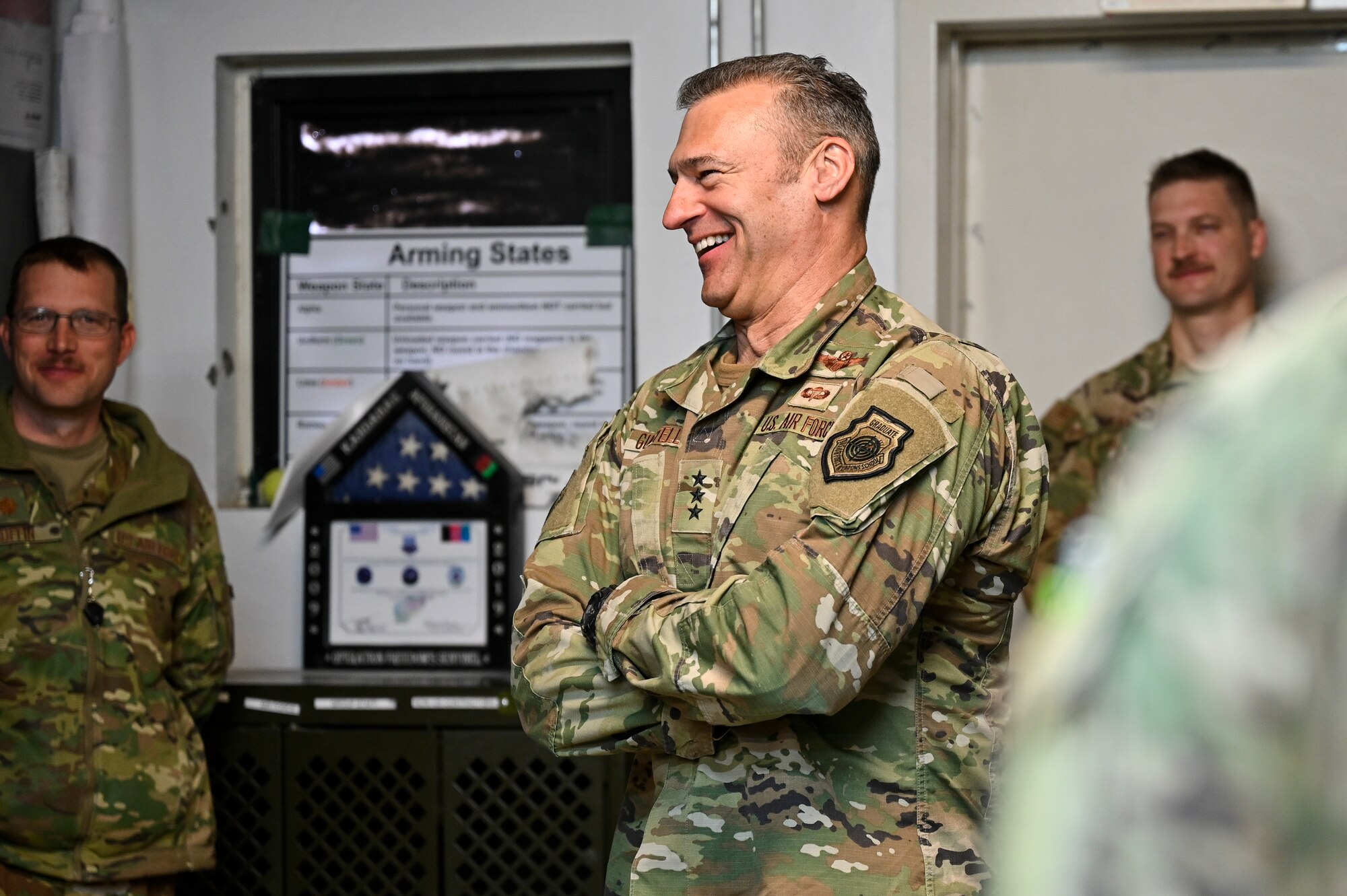 U.S. Air Force Lt. Gen. Joseph T. Guastella, Jr., Commander, U.S. Air Forces Central Command and Combined Forces Air Component Commander, talks with 438th Air Expeditionary Wing Train Advise Assist Command-Air members based at Kandahar Airfield, Afghanistan about the importance of the USAFCENT mission in Afghanistan, Feb. 24, 2020.