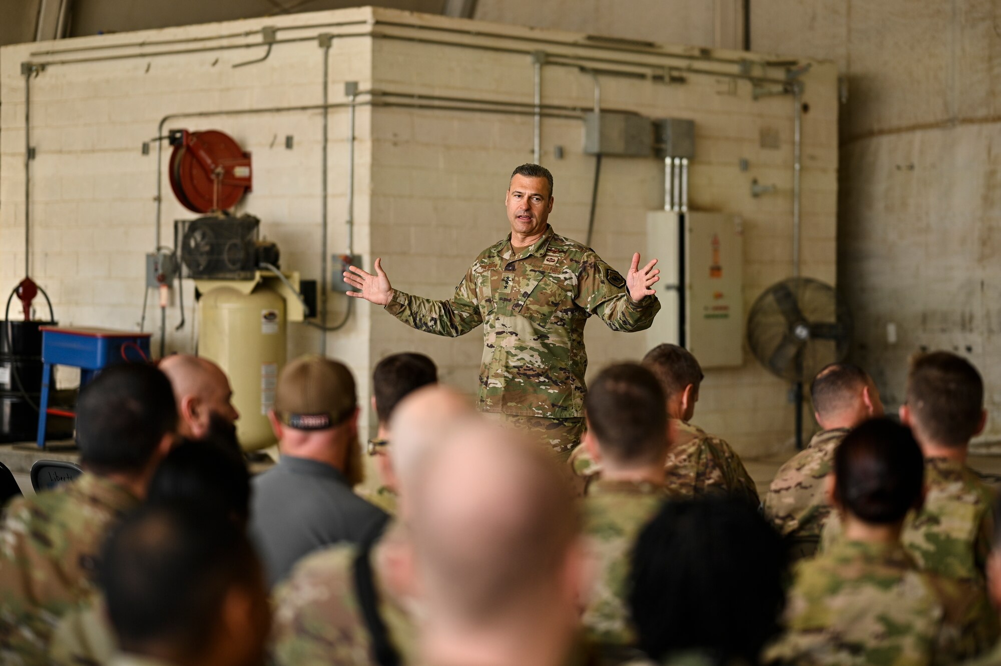 U.S. Air Force Lt. Gen. Joseph T. Guastella, Jr., Commander, U.S. Air Forces Central Command and Combined Forces Air Component Commander, speaks with 451st Air Expeditionary Group Airmen at Kandahar Airfield about the importance of the USAFCENT mission in Afghanistan, Feb. 24, 2020.