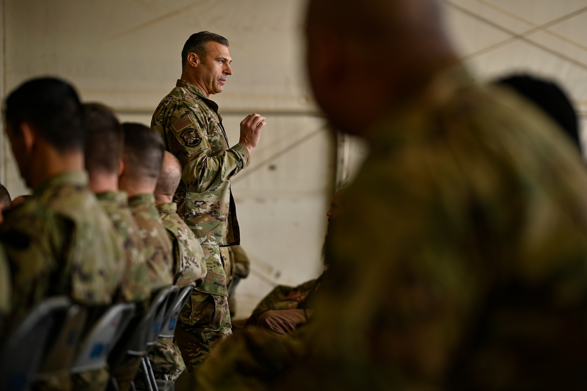 U.S. Air Force Lt. Gen. Joseph T. Guastella, Jr., Commander, U.S. Air Forces Central Command and Combined Forces Air Component Commander, speaks with 451st Air Expeditionary Group Airmen at Kandahar Airfield about the importance of the USAFCENT mission in Afghanistan, Feb. 24, 2020.