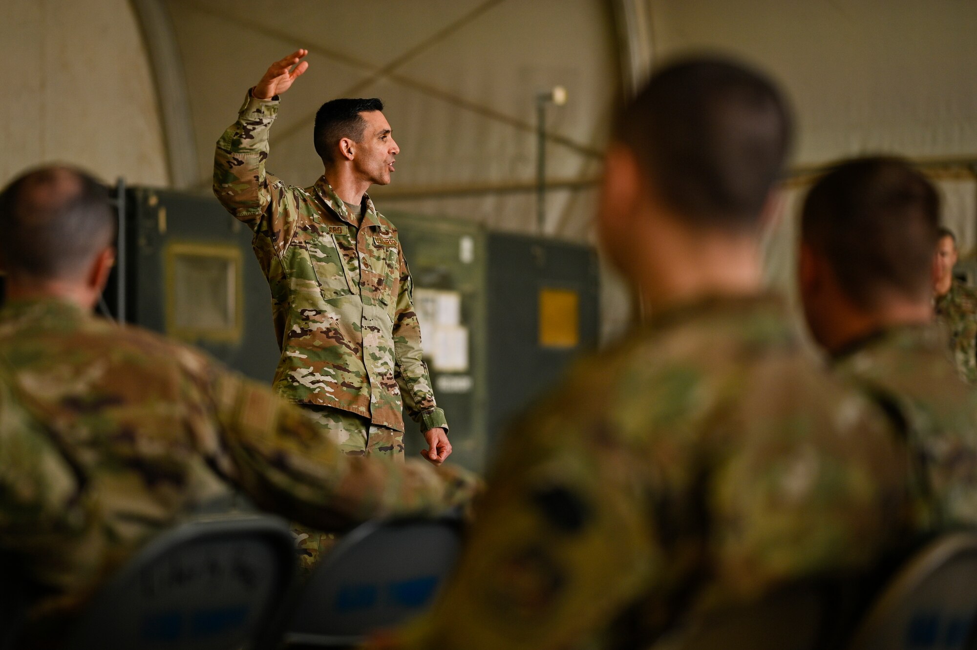 U.S. Air Force Chief Master Sgt. Shawn L. Drinkard, Command Chief Master Sgt. for U.S. Air Forces Central Command, speaks with 451st Air Expeditionary Group Airmen at Kandahar Airfield about the importance of the USAFCENT mission in Afghanistan, Feb. 24, 2020.