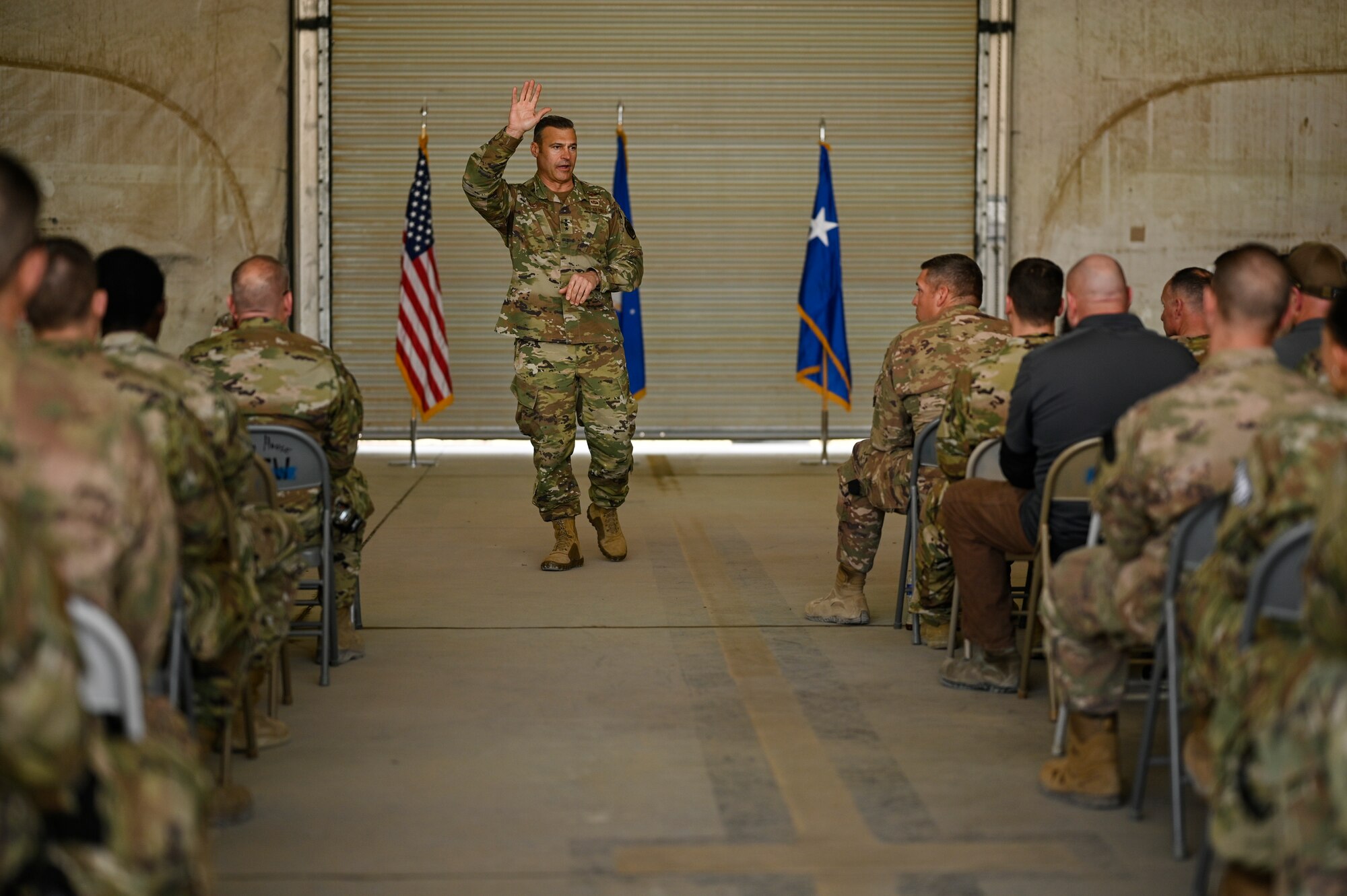 U.S. Air Force Lt. Gen. Joseph T. Guastella, Jr., Commander, U.S. Air Forces Central Command and Combined Forces Air Component Commander, speaks with 451st Air Expeditionary Group Airmen at Kandahar Airfield about the importance of the USAFCENT mission in Afghanistan, Feb. 24, 2020.