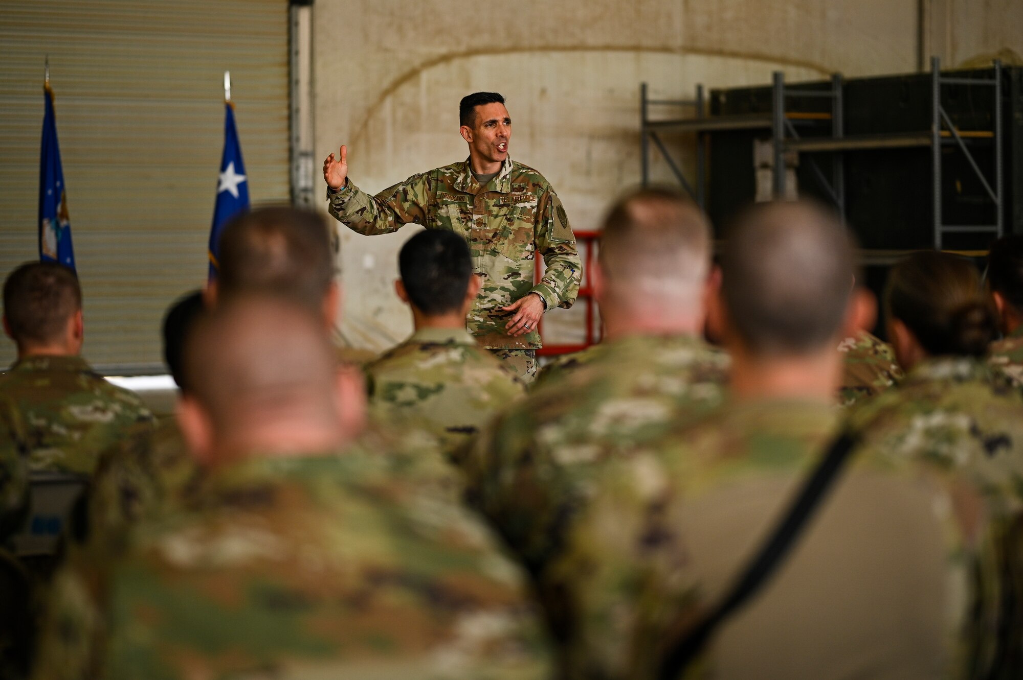 U.S. Air Force Chief Master Sgt. Shawn L. Drinkard, Command Chief Master Sgt. for U.S. Air Forces Central Command, speaks with 451st Air Expeditionary Group Airmen at Kandahar Airfield about the importance of the USAFCENT mission in Afghanistan, Feb. 24, 2020.