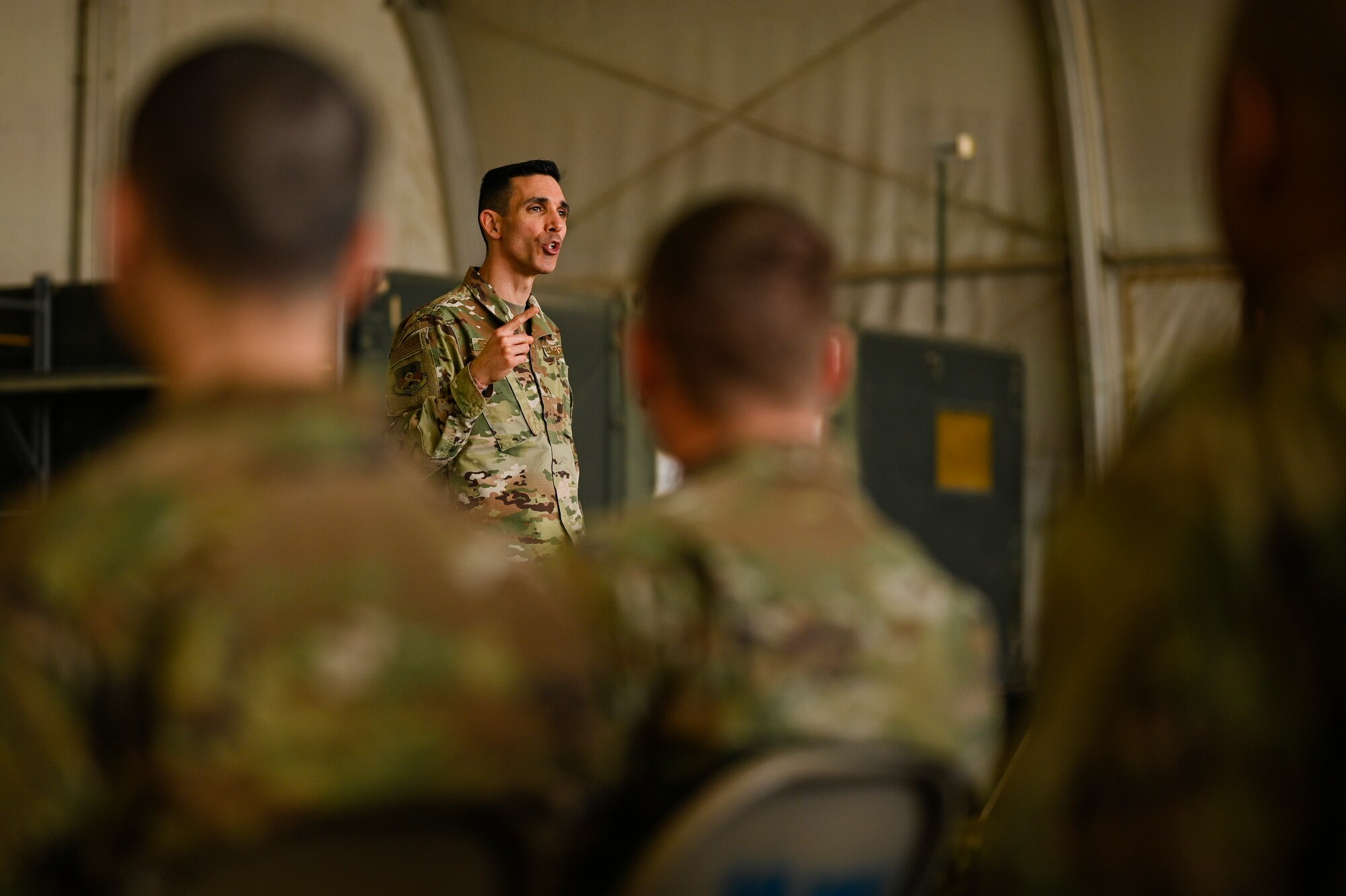 U.S. Air Force Chief Master Sgt. Shawn L. Drinkard, Command Chief Master Sgt. for U.S. Air Forces Central Command, speaks with 451st Air Expeditionary Group Airmen at Kandahar Airfield about the importance of the USAFCENT mission in Afghanistan, Feb. 24, 2020.