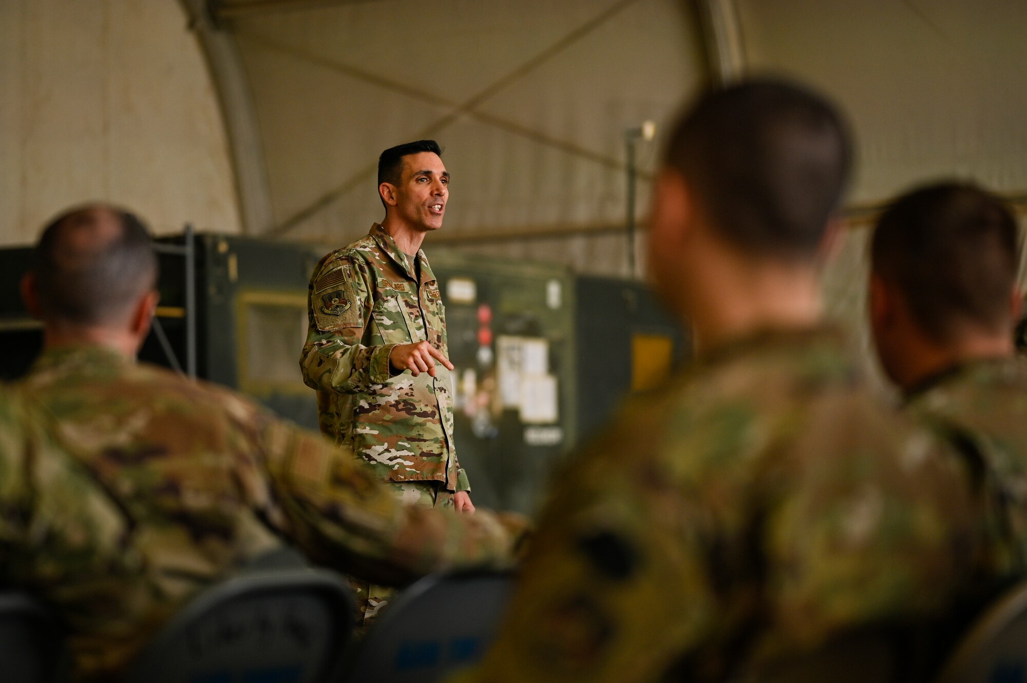 U.S. Air Force Chief Master Sgt. Shawn L. Drinkard, Command Chief Master Sgt. for U.S. Air Forces Central Command, speaks with 451st Air Expeditionary Group Airmen at Kandahar Airfield about the importance of the USAFCENT mission in Afghanistan, Feb. 24, 2020.