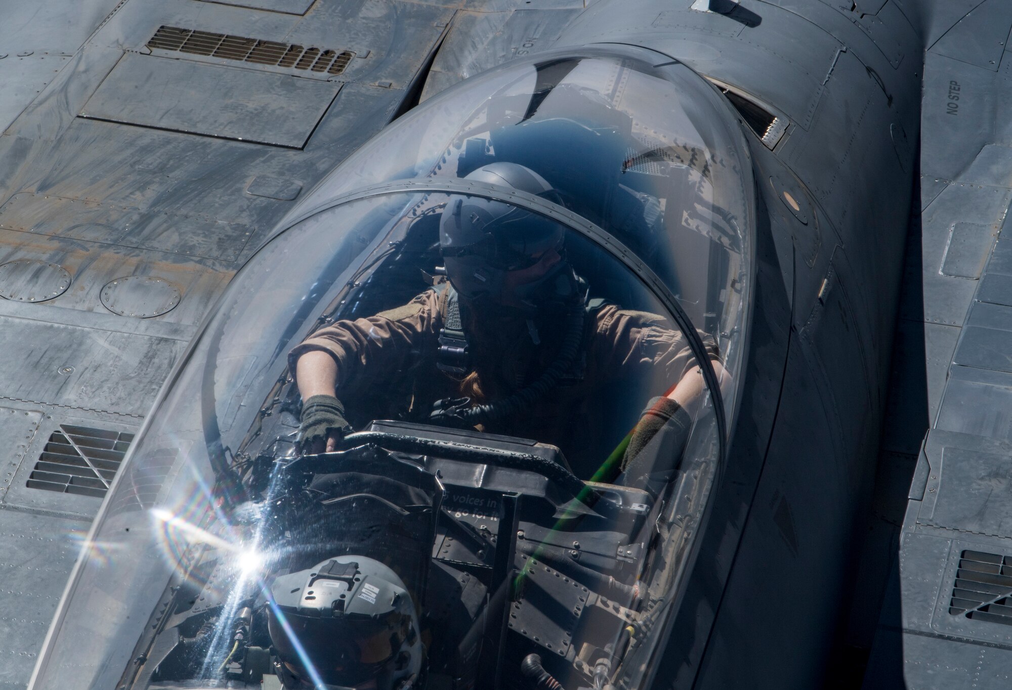 A U.S. Air Force F-15E Strike Eagle receives fuel from a U.S. Air Force KC-135 Stratotanker assigned to the 28th Expeditionary Air Refueling Squadron, over Iraq, March 11, 2020.