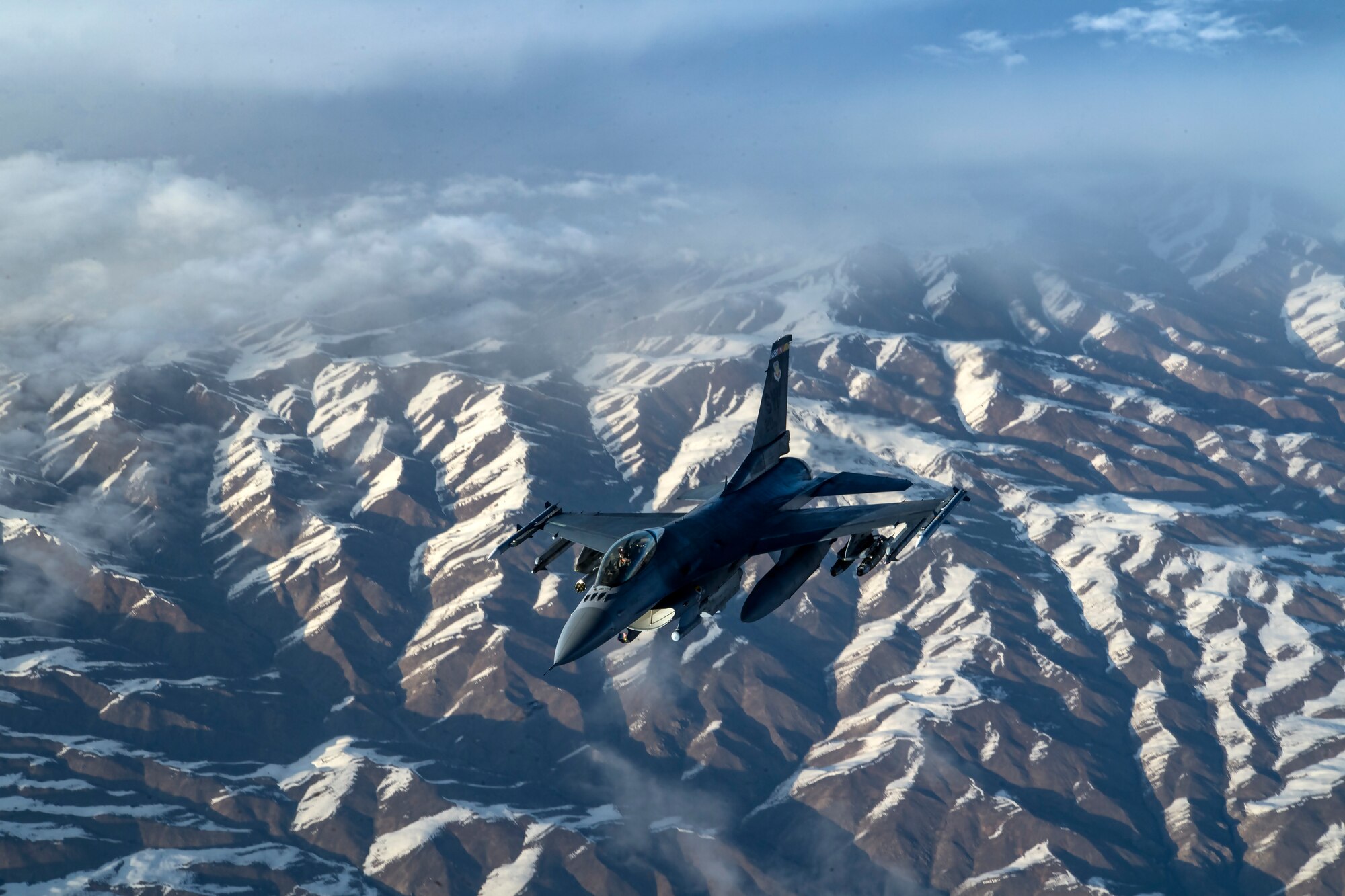 A U.S. Air Force F-16 Fighting Falcon flies over Afghanistan, March 17, 2020.