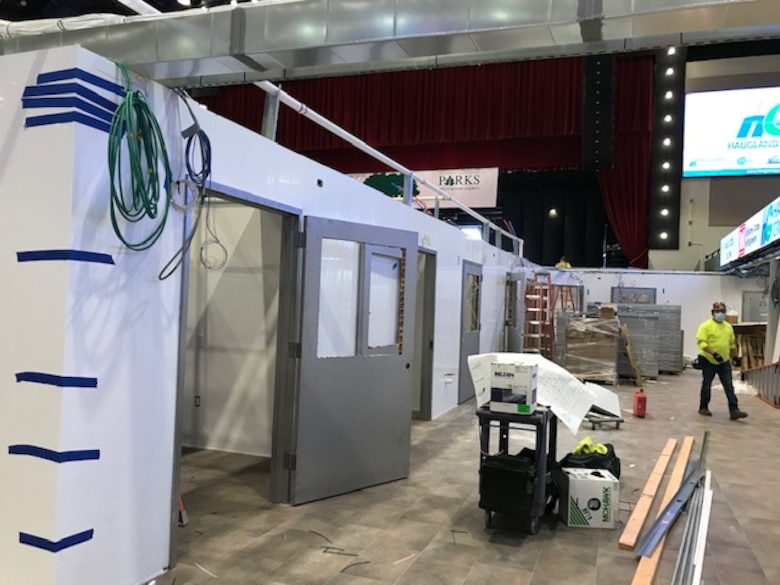 Work continues to convert the Westchester County Center into an alternate care facility that will be home to 100 acute-COVID19 patients. Work is expected to be complete on April 19.