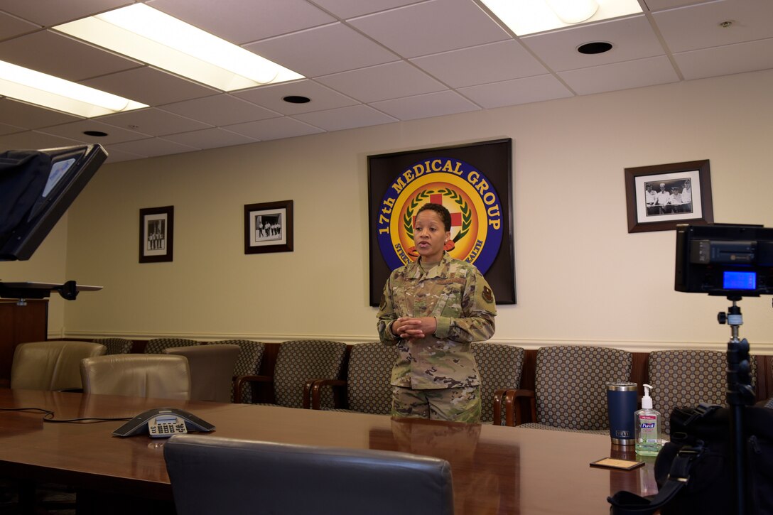 U.S. Air Force Col. Lauren Byrd, 17th Medical Group commander, answers questions during an interview on some of the more common questions the medical group has been receiving. The purpose of the interview was to give Goodfellow members and the local community up-to-date information on the COVID-19 pandemic and how it affects them. (U.S. Air Force photo by Senior Airman Zachary Chapman)