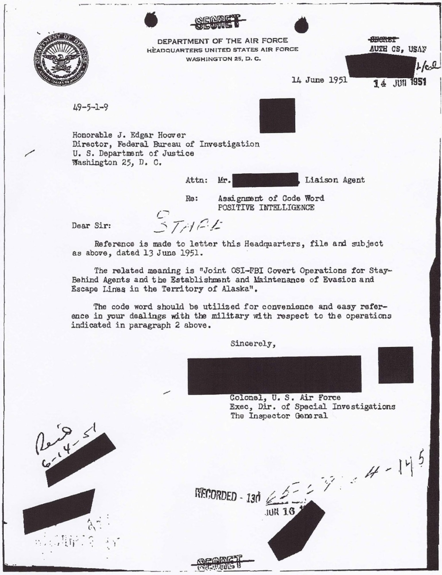 On June 14, 1951, this Air Force document referenced the  assignment of a code word to the joint OSI and FBI covert operations for Stay Behind Agents. (New York Post photo)