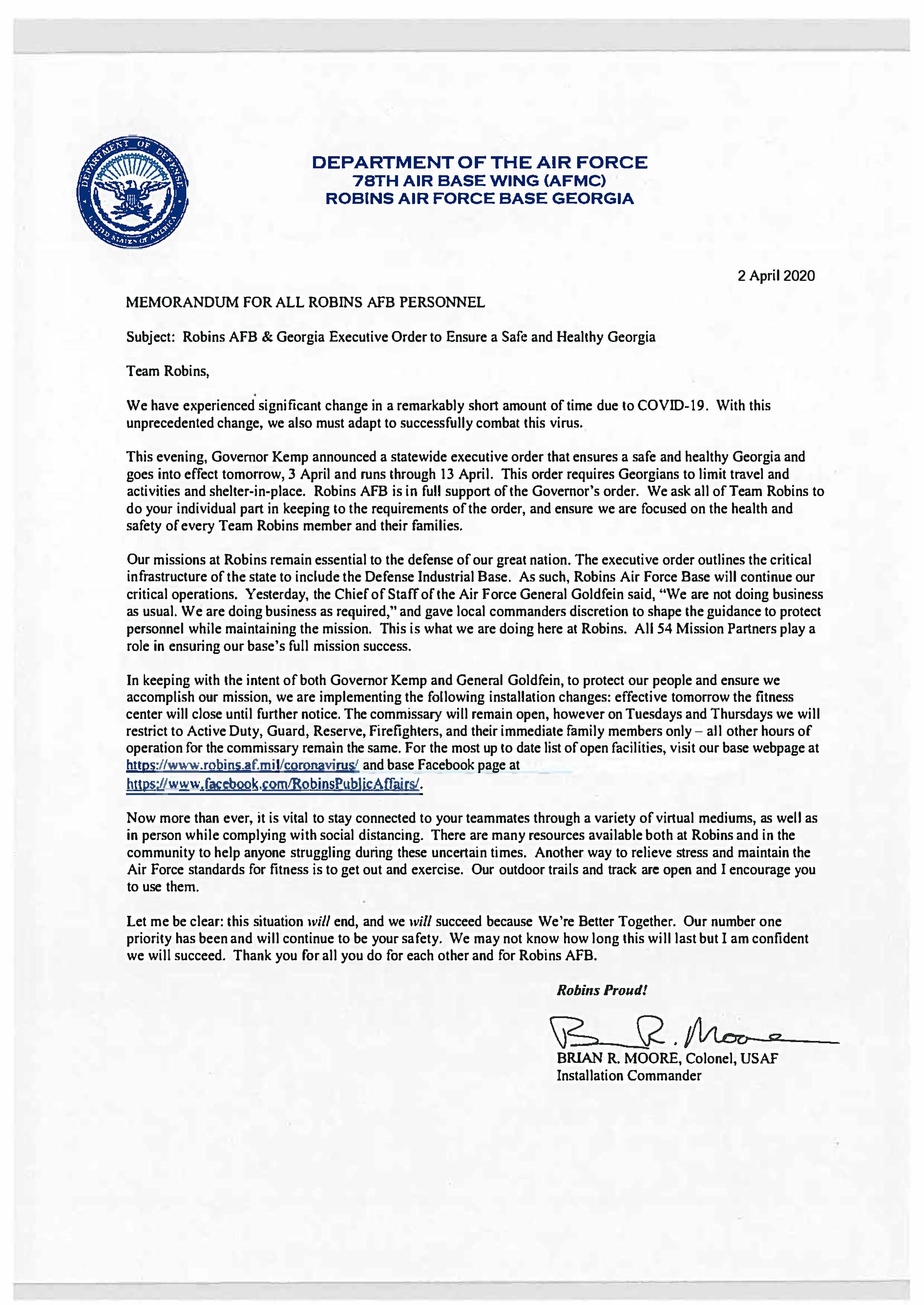 Robins Air Force Base And Georgia Executive Order To Ensure A Safe And Healthy Georgia Robins Air Force Base Article Display
