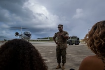 U.S. Marine Corps Sgt. Maj. Juarice Collins, off-going sergeant major, Marine Corps Air Station Kaneohe Bay, speaks to guests during the MCAS relief and appointment ceremony, Marine Corps Base Hawaii, March 27, 2020. Sgt. Maj. Juarice Collins relinquished responsibilities to Sgt. Maj. Jose Romero. Collins retired after 23 years of honorable and faithful service. (U.S. Marine Corps photo by Cpl. Matthew Kirk)