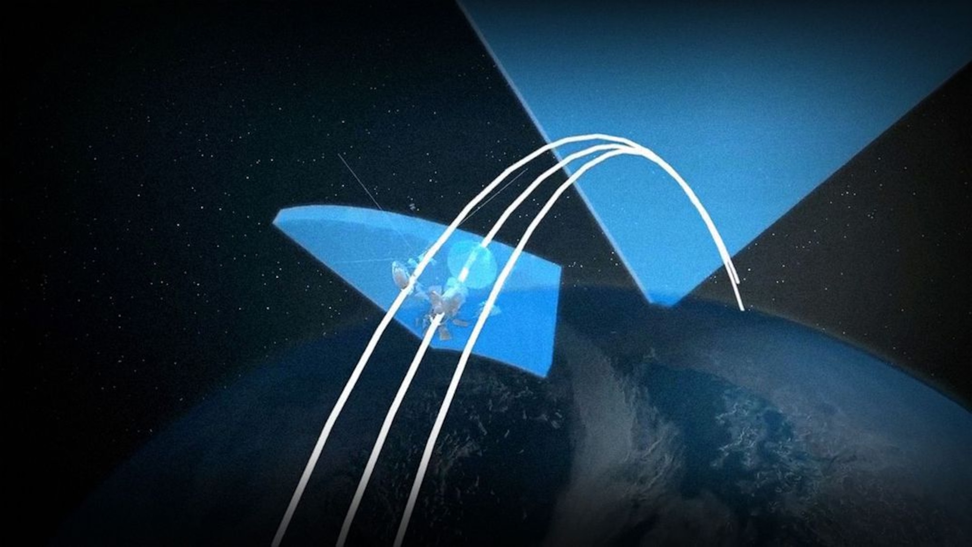 PETERSON AIR FORCE BASE, Colo.— The Space Fence radar as seen from space. This new space surveillance radar, located at 20th Space Control Squadron Detachment 4 on Kwajalein Atoll in the Marshall Islands, detects targets as small as 4-inches in diameter and expands the amount of space debris Space Command can track. The radar is recently operational. (Courtesy graphic 20th SPCS)