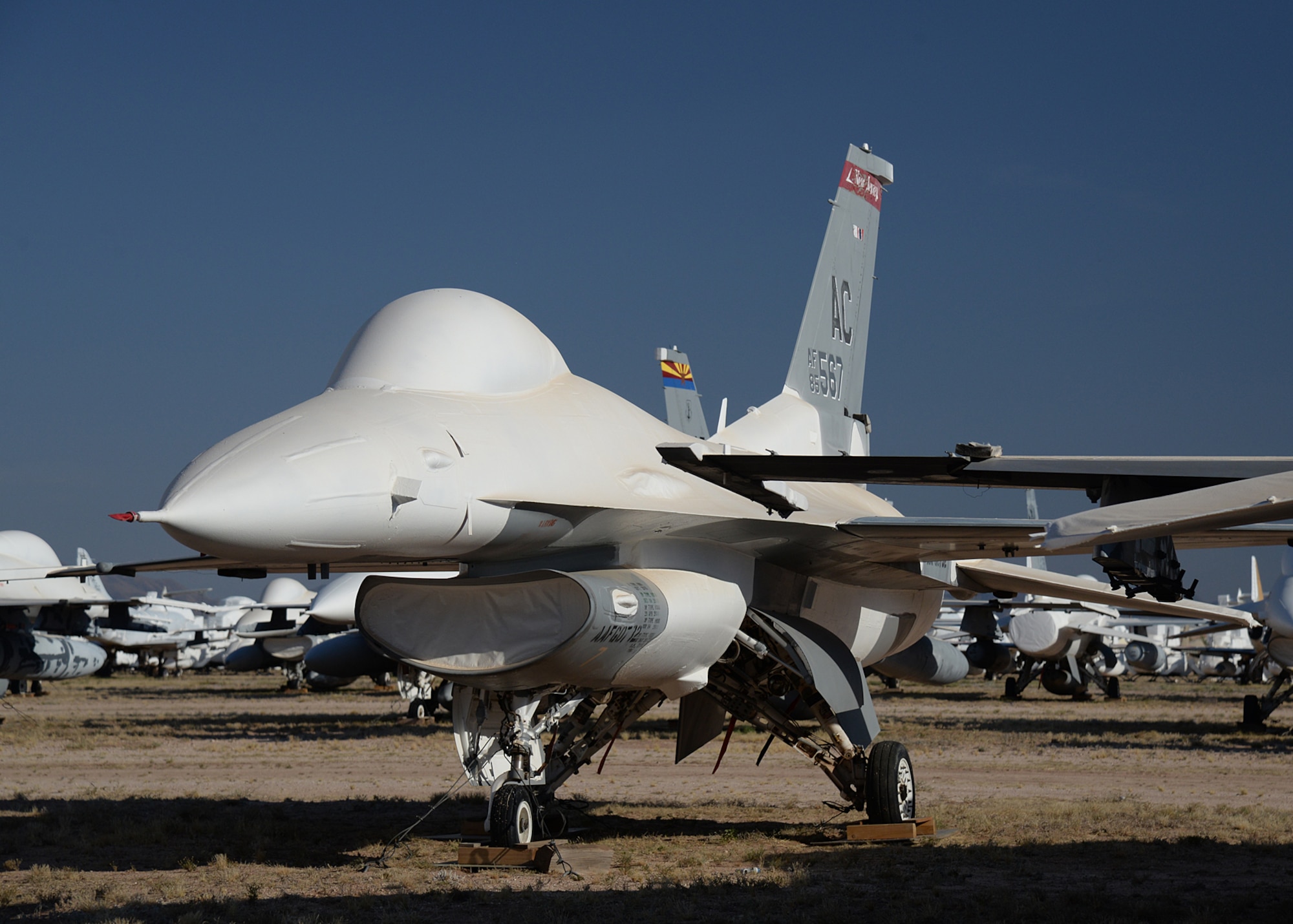 An F-16 in storage at the 309th Aerospace Maintenance and Regeneration Group, Davis-Monthan Air Force Base, Arizona.