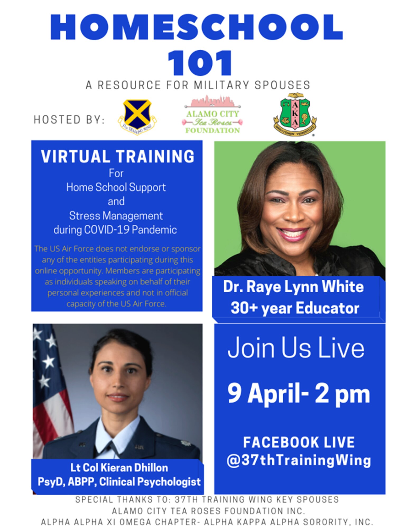 37 TRW is excited to share an opportunity for our families, a Live Facebook event hosted by the 37 TRW this Thursday, April 9, at 2 p.m.  There will be three guest speakers, Dr White, Lt Col Dhillon, and Mrs. Leslie Janaros.