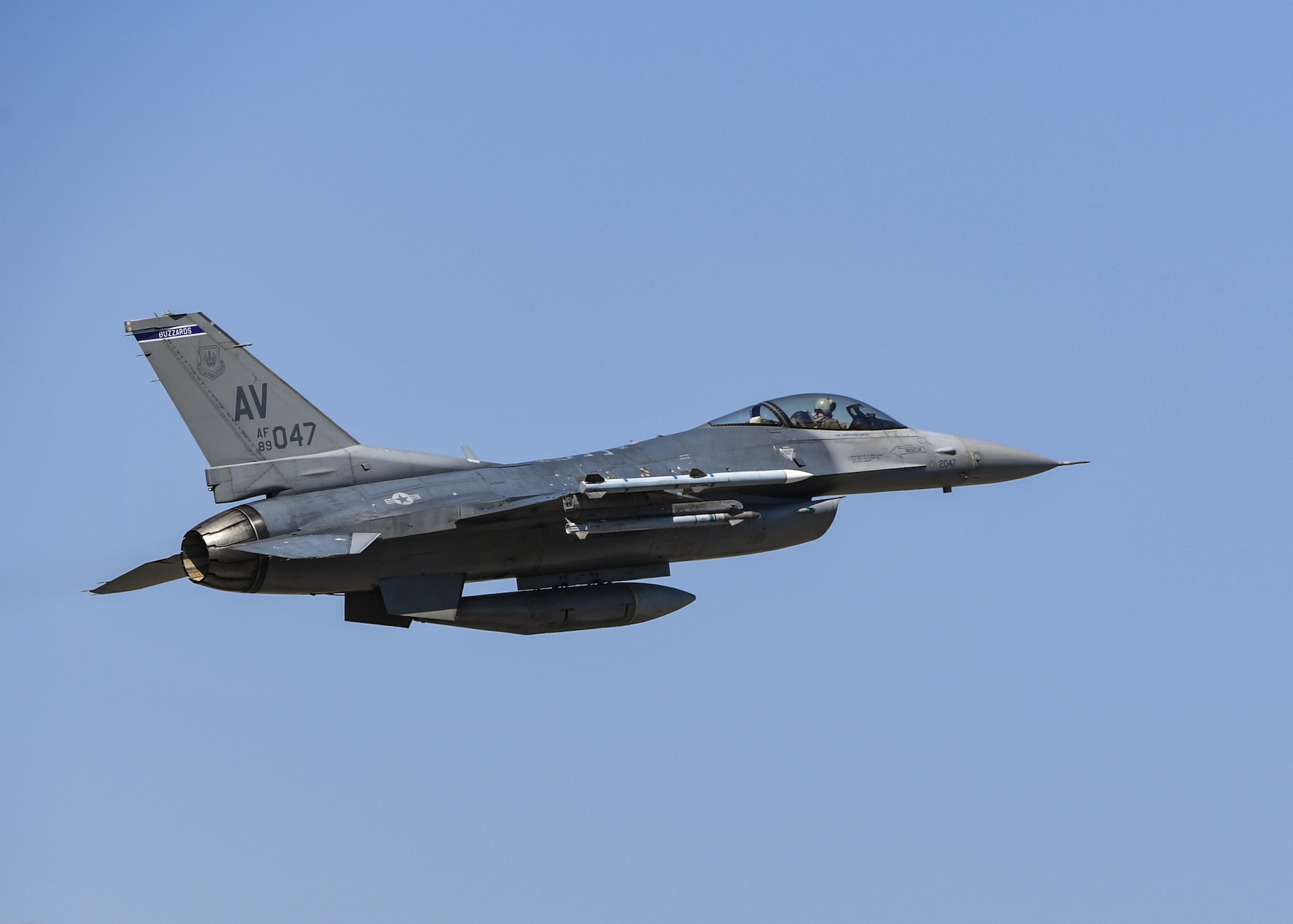 A U.S. Air Force F-16 Fighting Falcon from the 510th Fighter Squadron flies at Aviano Air Base, Italy, Apr. 6, 2020. The F-16 is able to fly more than 500 miles, deliver its weapons with superior accuracy, defend itself against enemy aircraft, and return to its starting point. (U.S. Air Force photo by Airman Thomas S. Keisler IV)