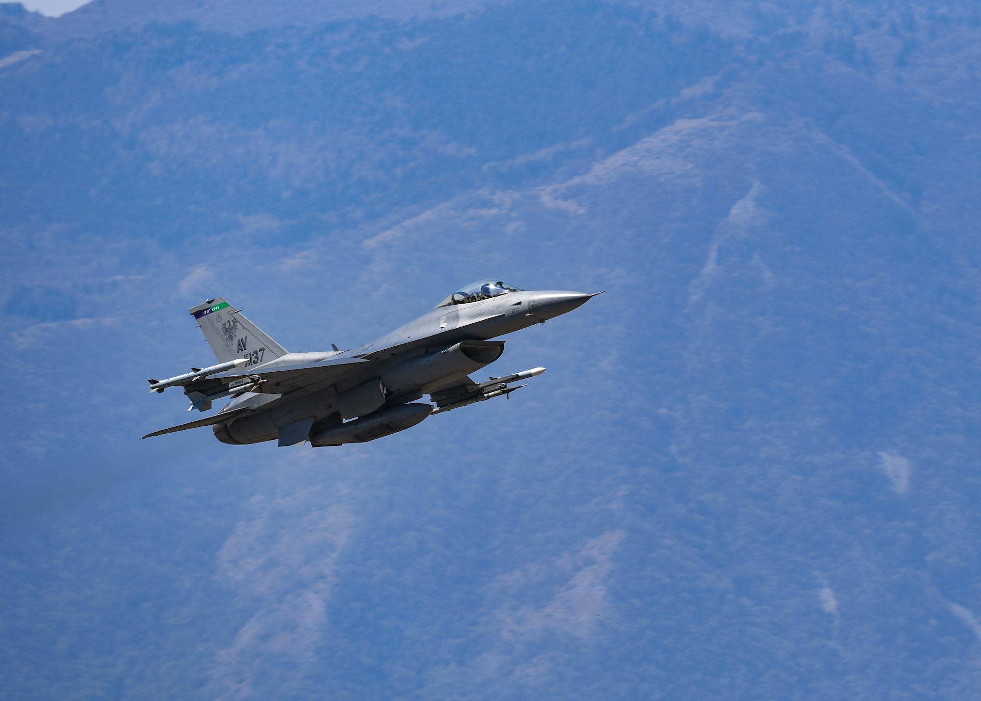 A U.S. Air Force F-16 Fighting Falcon from the 510th Fighter Squadron takes flight at Aviano Air Base, Italy, Apr. 6, 2020. An all-weather capability allows the F-16 to accurately deliver ordnance during non-visual bombing conditions. (U.S. Air Force photo by Airman Thomas S. Keisler IV)