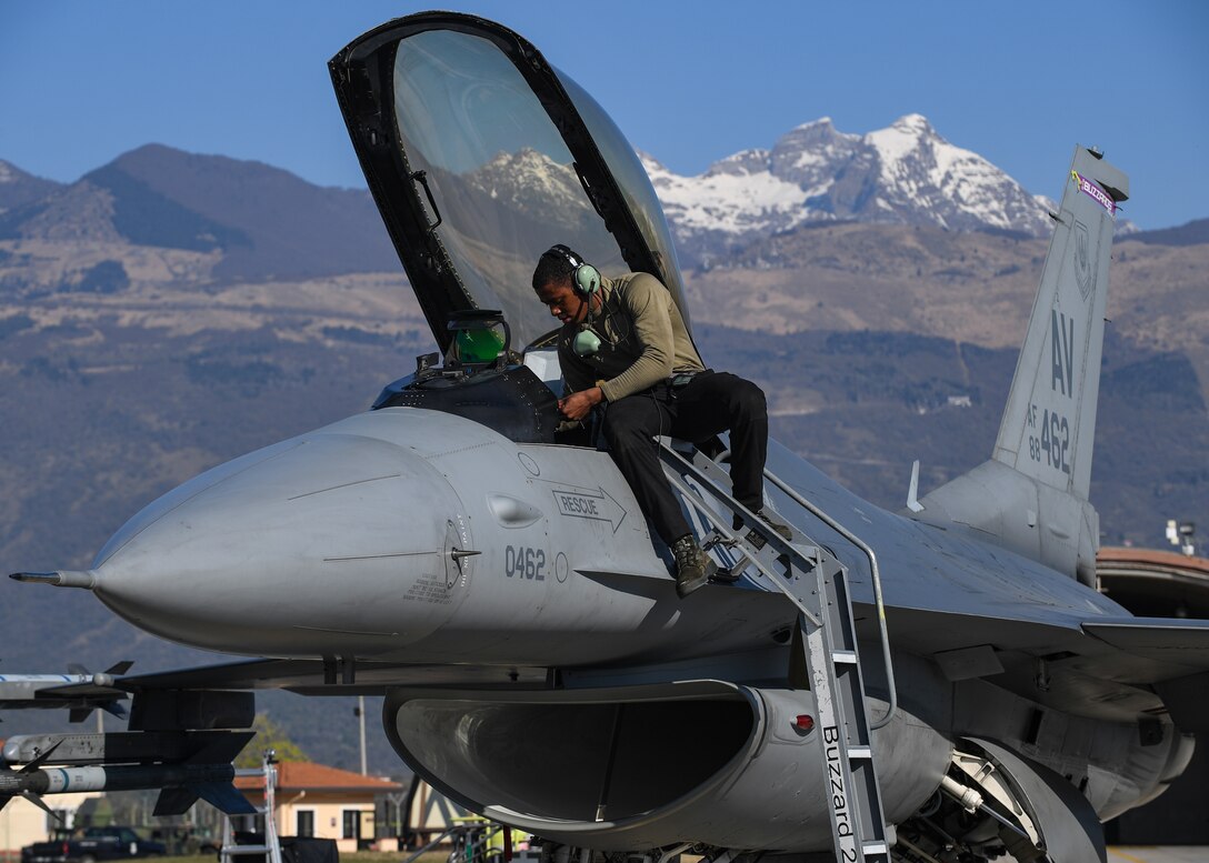 U.S. Air Force Airman Jaquinton Stewart, crew chief for the 510th Fighter Squadron, performs preflight procedures at Aviano Air Base, Italy, Apr. 7, 2020. In alignment with the new decrees put in place by the Italian government, crew chiefs at Aviano continue to ensure that the aircraft in their care is ready to fly at a moment’s notice so that pilots can safely and effectively complete their mission. (U.S Air Force photo by Airman Thomas S. Keisler IV)