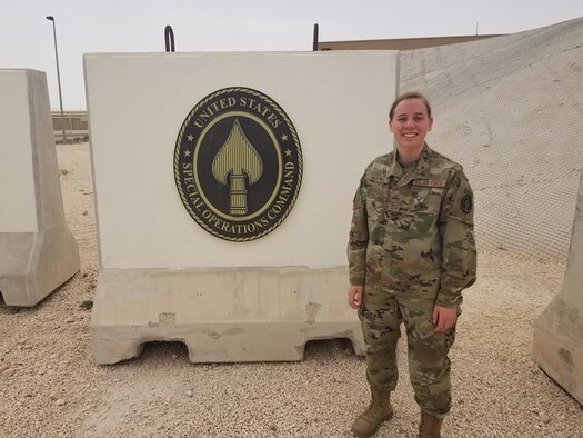 U.S. Air Force Airman 1st Class Ashley Mason, 17th Communications Squadron client systems technician poses for a photo while in a deployed location. (Courtesy Photo)