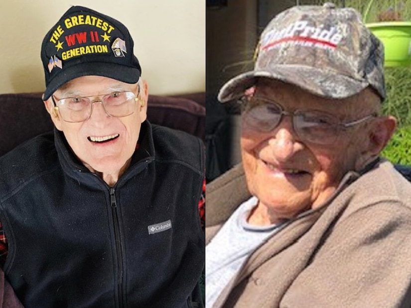 A split-screen view of two smiling, elderly men.