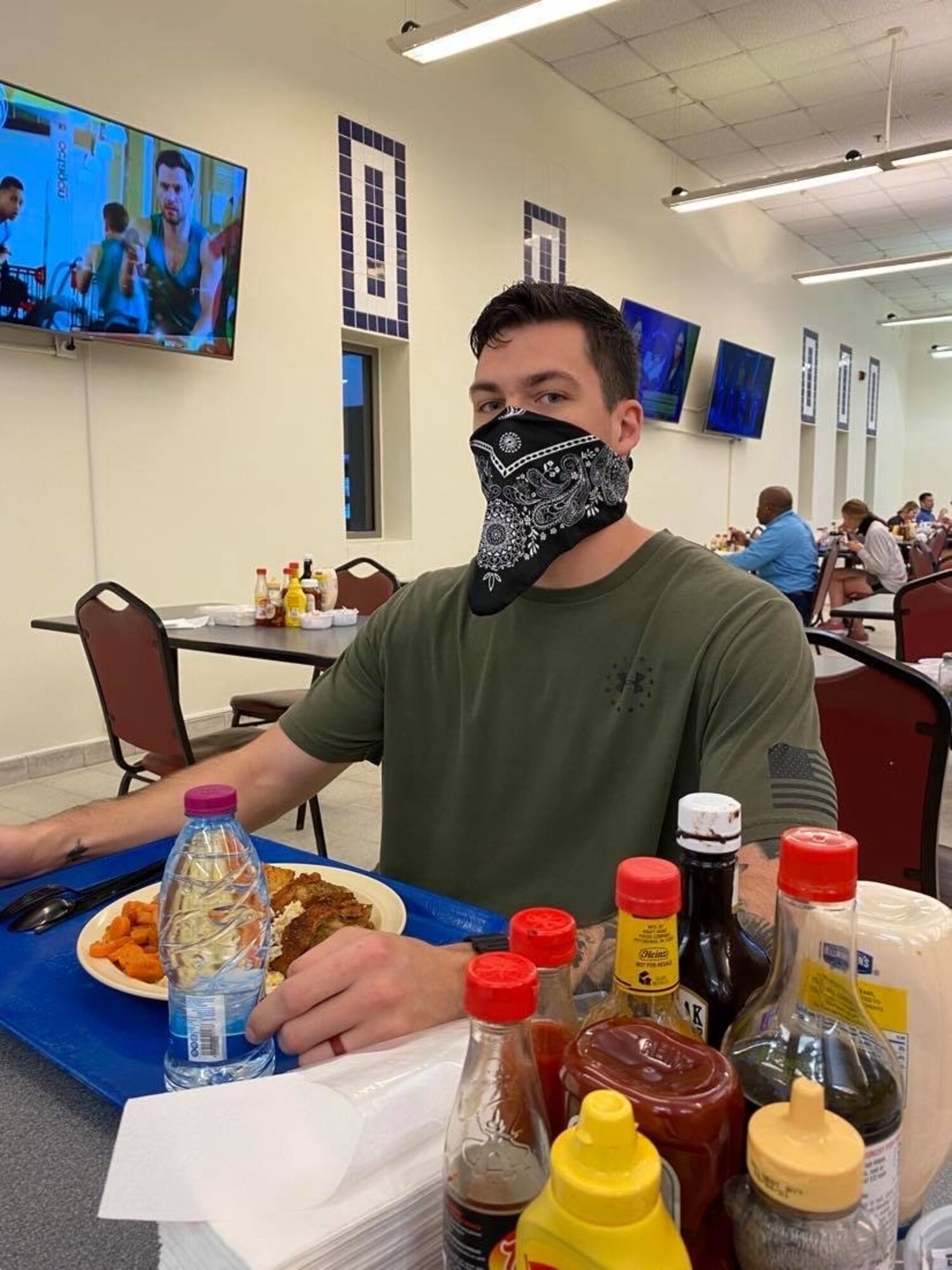 U.S. Air Force Senior Airman Joshua Krischke, 17th Communications Squadron cyber systems technician, practices COVID-19 safety measures while deployed. (Courtesy Photo)