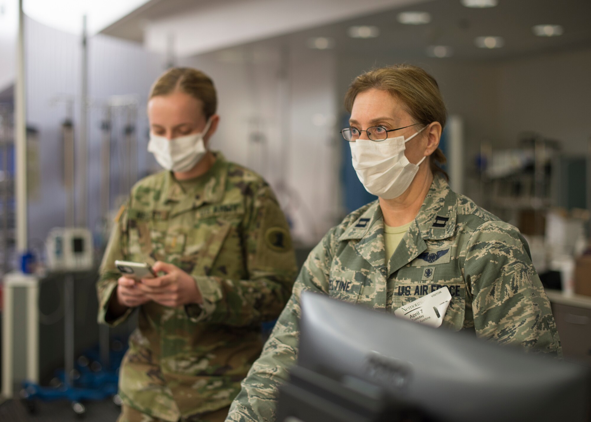 U.S. Air Force Capt. Yvonne Azeltine, 166th Medical Group nurse, participates in a training exercise at an alternate care site at A.I. DuPont Hospital, Wilmington, Del., April 7, 2020. Under command of the Governor of the State of Delaware, the 166th Airlift Wing provides trained personnel and equipment for various humanitarian missions to protect life and property and preserve peace, order and public safety, under competent orders of state authorities. (U.S. Air National Guard Photo by Staff Sgt. Katherine Miller)