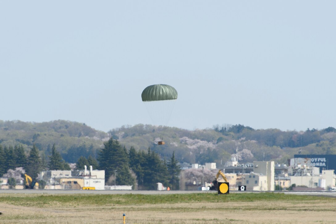 A low‐cost, low‐altitude airdrop bundle dropped from a 36th Airlift Squadron C‐130J Super Hercules floats to the designated drop zone during the Yokota C‐130J Tactics Rodeo April 3, 2020, at Yokota Air Base, Japan.