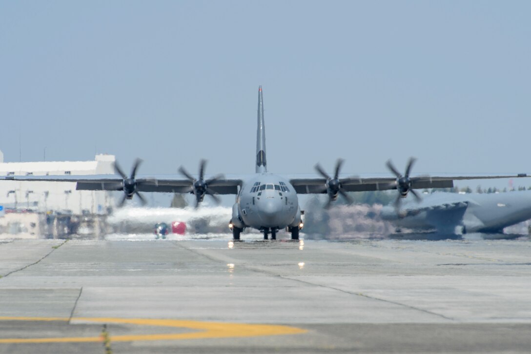 A 36th Airlift Squadron C‐130J Super Hercules taxis on the flightline during the Yokota C‐130J Tactics Rodeo April 3, 2020, at Yokota Air Base, Japan.
