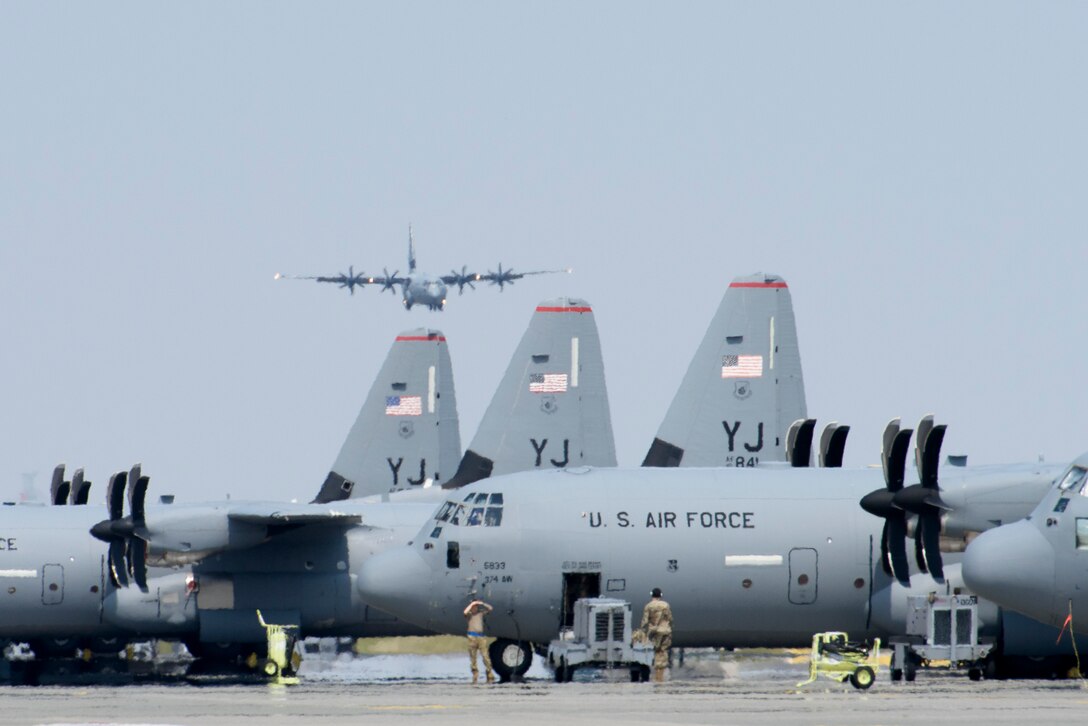 A 36th Airlift Squadron C‐130J Super Hercules prepares to land during the Yokota C‐130J Tactics Rodeo April 3, 2020, at Yokota Air Base, Japan.