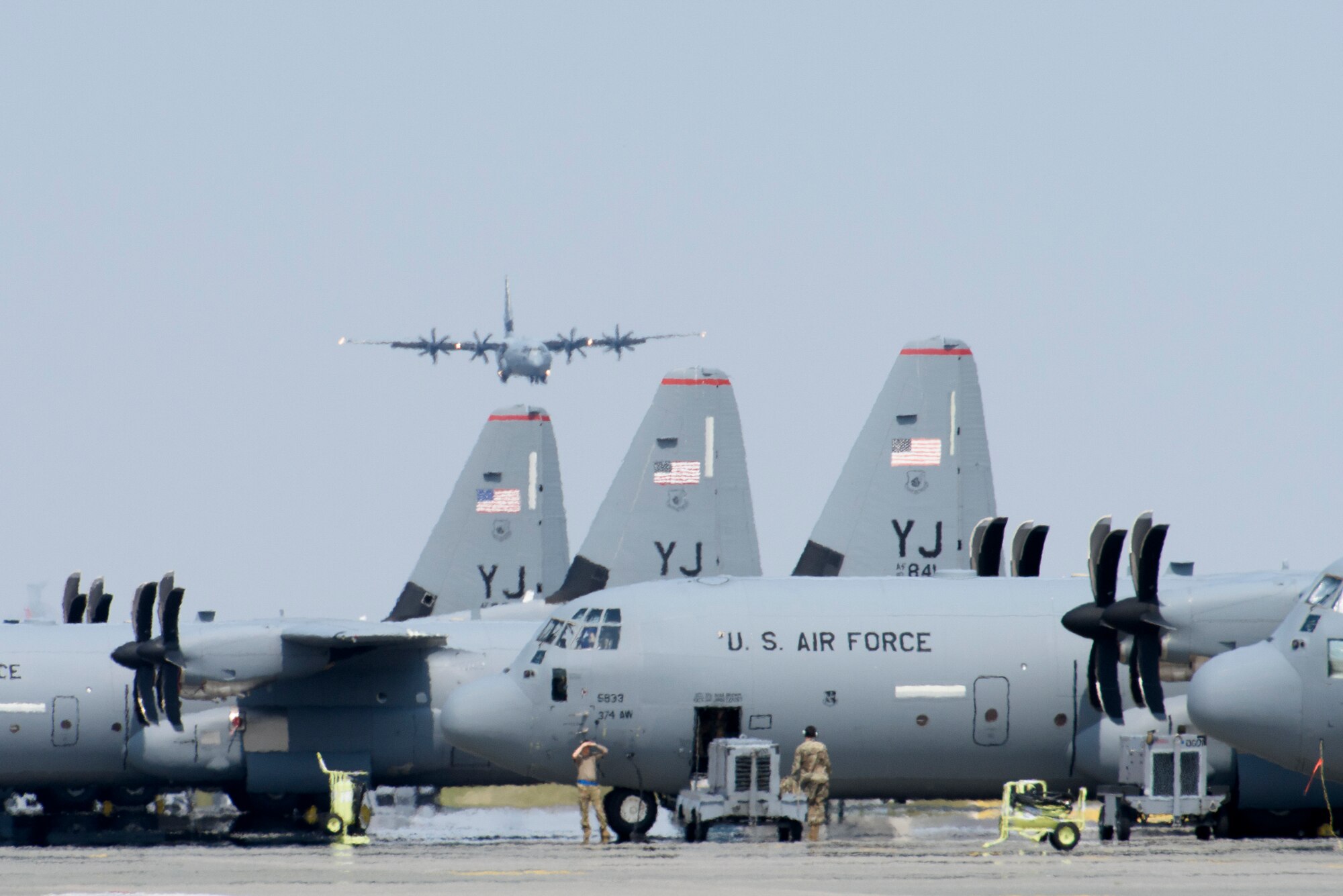 A 36th Airlift Squadron C‐130J Super Hercules prepares to land during the Yokota C‐130J Tactics Rodeo April 3, 2020, at Yokota Air Base, Japan.