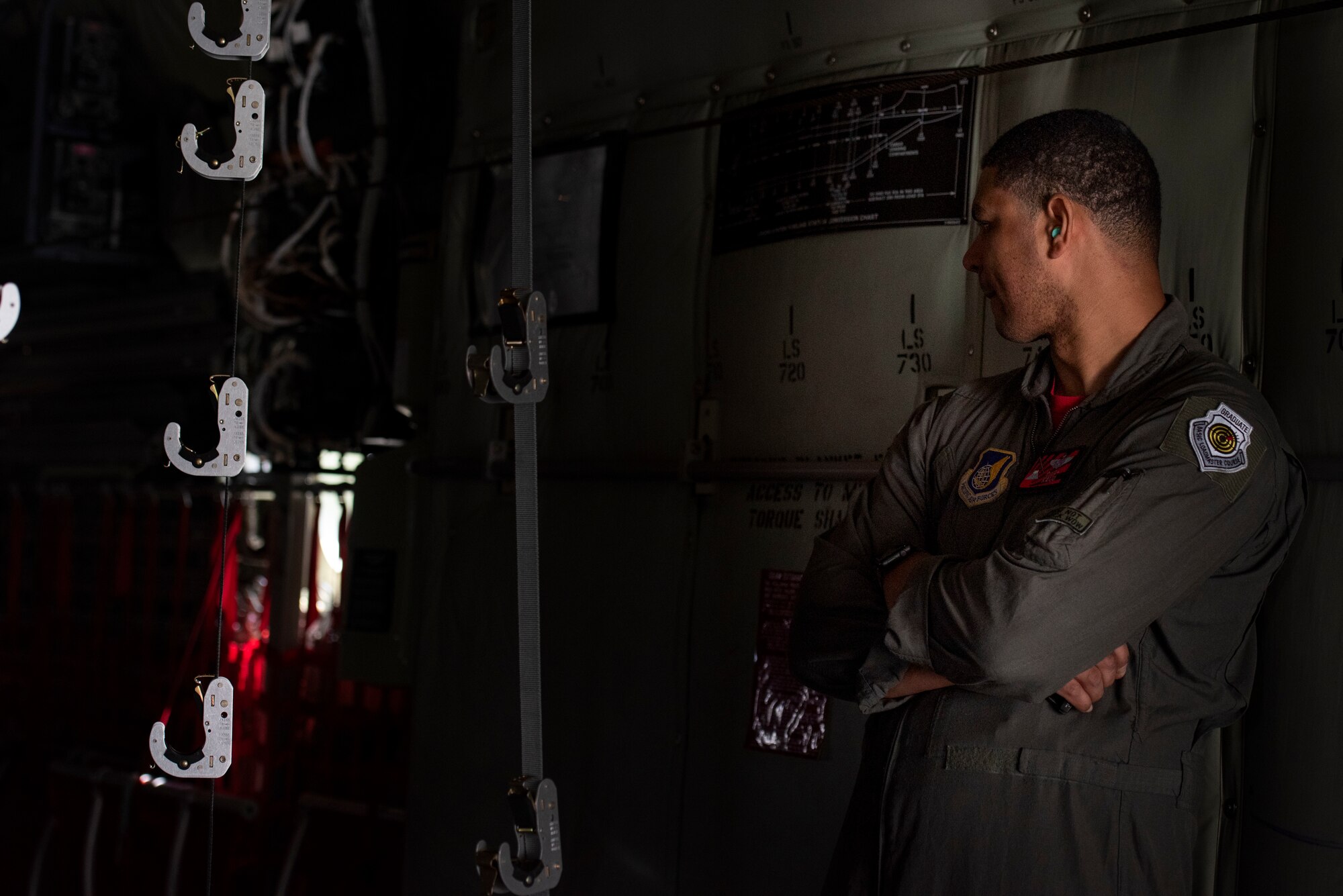 Master Sgt. Napoleon Ortiz, 374th Operations Group group evaluator, observes a loadmasters’s performance during the Yokota C‐130J Tactics Rodeo April 3, 2020, at Yokota Air Base, Japan.