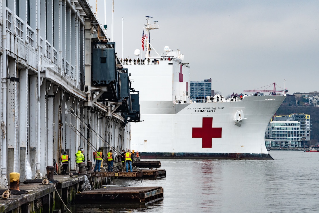 New York, NY, March 30, 2020 – The USNS Comfort arrived in New York to support the national, state and local response to the coronavirus (COVID-19). The hospital ship will provide approximately 1,000 beds for urgent care patients not infected with the virus, relieving pressure on local hospital systems. K.C. Wilsey/FEMA