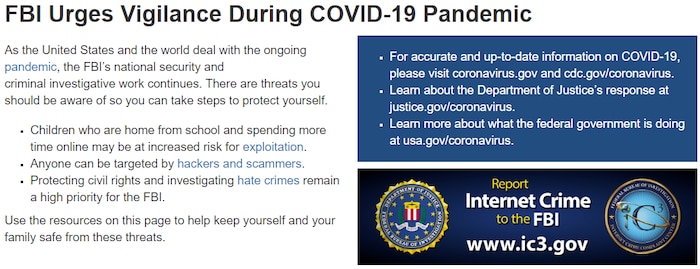 Screenshot of FBI website: FBI Urges Vigilance during COVID-19 Pandemic