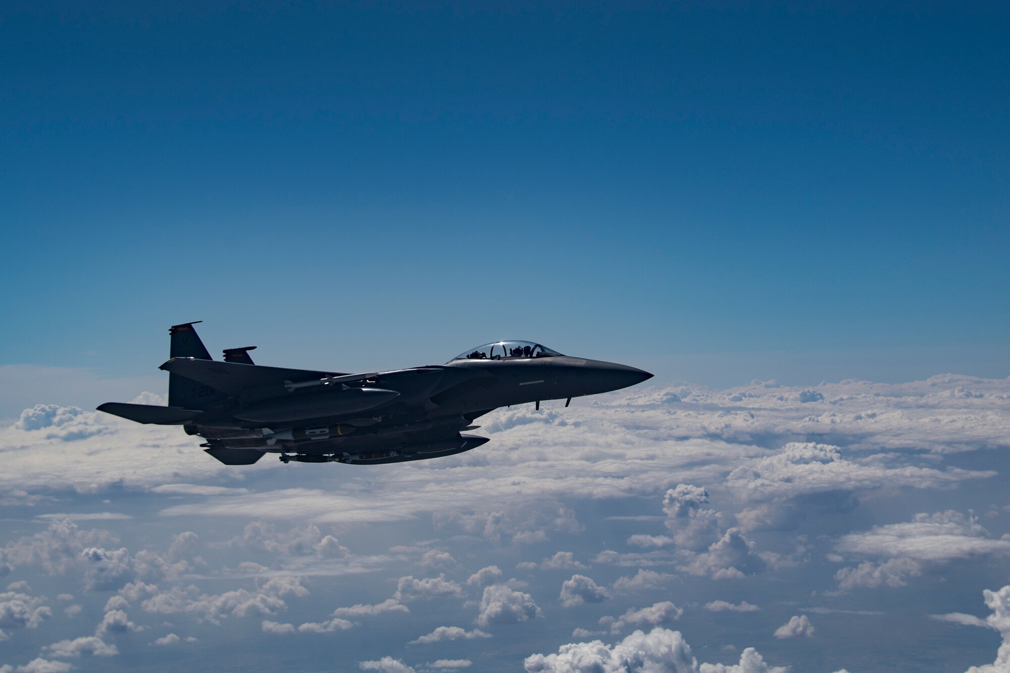 A U.S. Air Force F-15E Strike Eagle flies over Iraq, April 2, 2020.