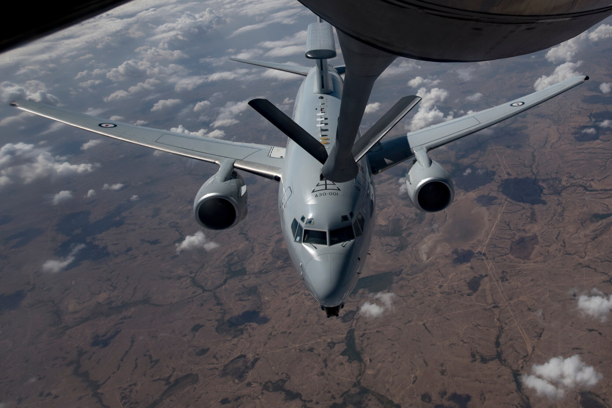 A U.S. Air Force KC-135 Stratotanker refuels a Royal Australian Air Force E-7A Wedgetail above Iraq, April 2, 2020.