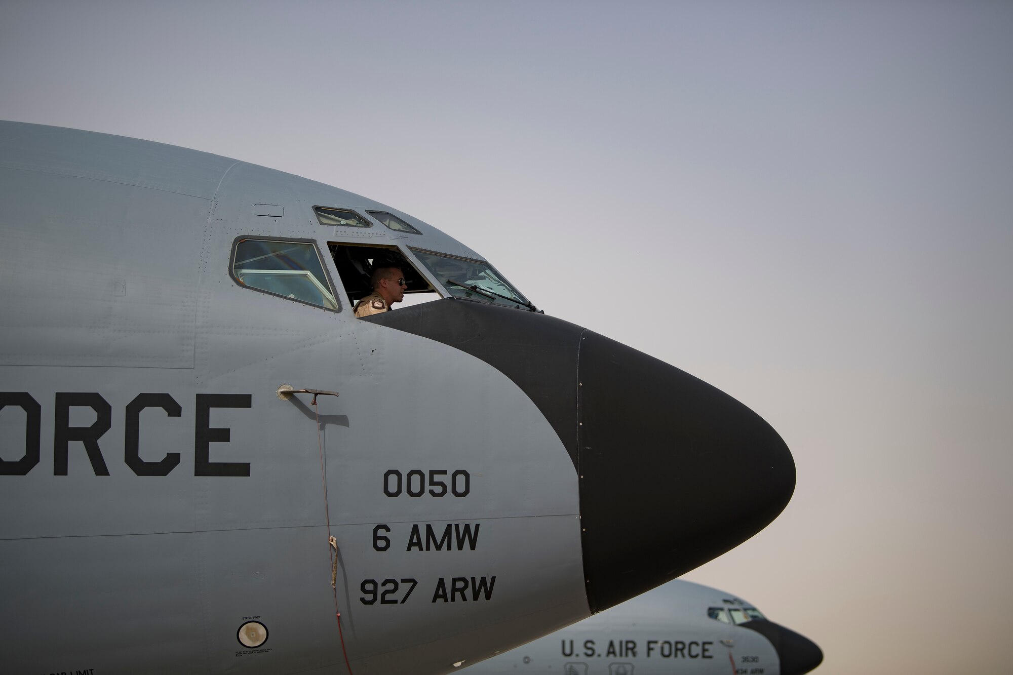 A U.S. Air Force KC-135 Stratotanker pilot assigned to the 28th Expeditionary Air Refueling Squadron conducts preflight checklists at Al Udeid Air Base, Qatar, April 2, 2020.