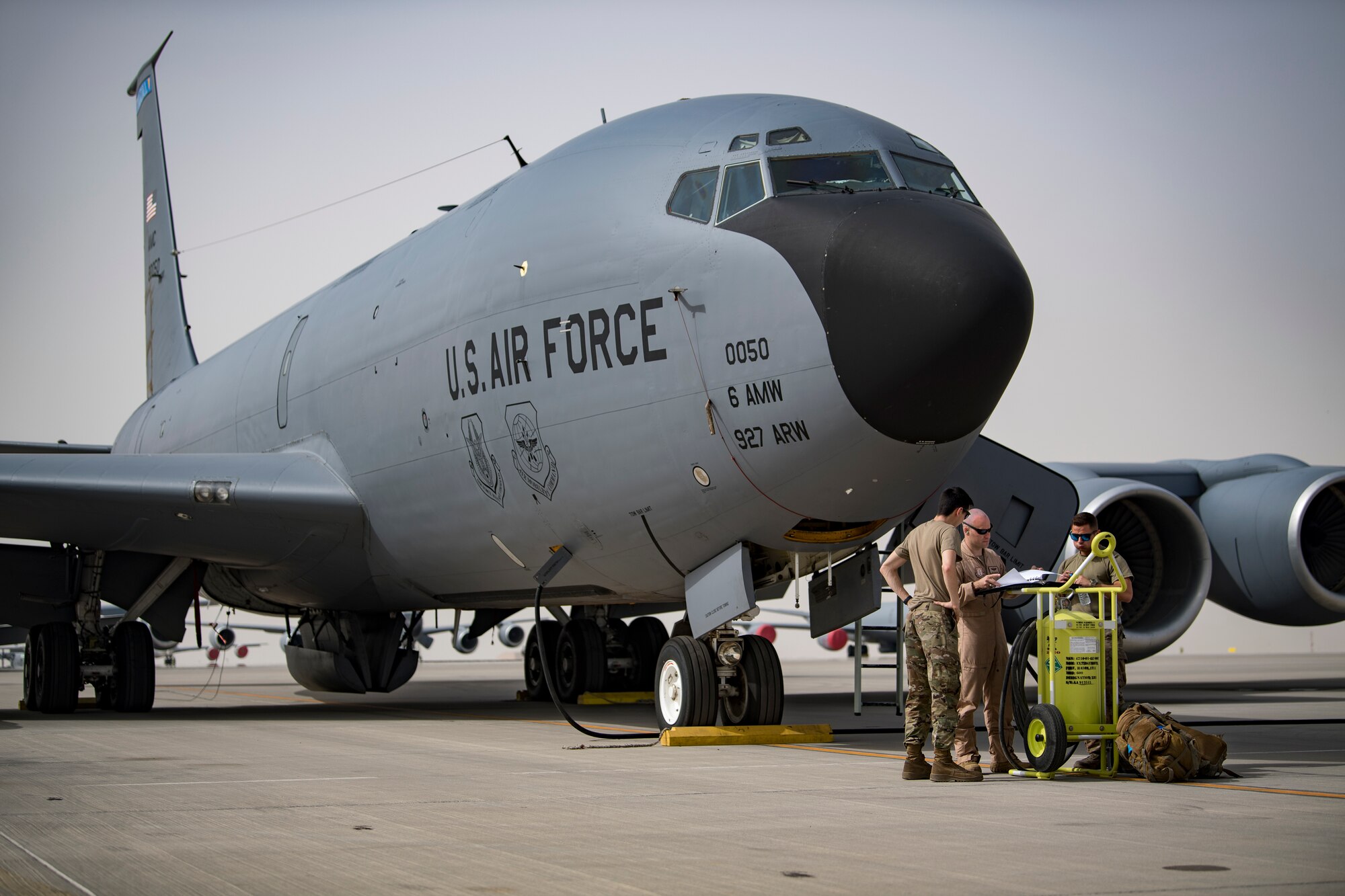 U.S. Air Force KC-135 Stratotanker aircrew members assigned to the 28th Expeditionary Air Refueling Squadron conduct a preflight briefing at Al Udeid Air Base, Qatar, April 2, 2020.