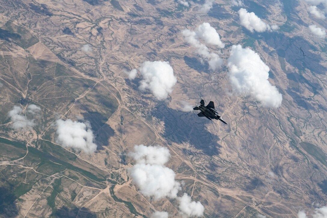 A U.S. Air Force F-15E Strike Eagle flies over Iraq, April 2, 2020.