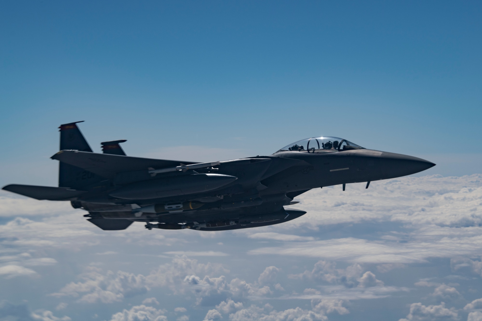 A U.S. Air Force F-15E Strike Eagle flies over Iraq, April 2, 2020.