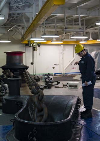 ATLANTIC OCEAN (Dec. 17, 2019) Boatswain’s Mate 2nd Class Hanna Rovillard observes the anchor chain in the hose pipe of the fo'c'sle during an anchor drop evolution aboard the Wasp-class amphibious assault ship USS Iwo Jima (LHD 7), Dec. 17, 2019. Iwo Jima is underway conducting sea trials in the Atlantic Ocean. (U.S. Navy photo by Mass Communication Specialist 2nd Class Andrew J Sneeringer/Released)