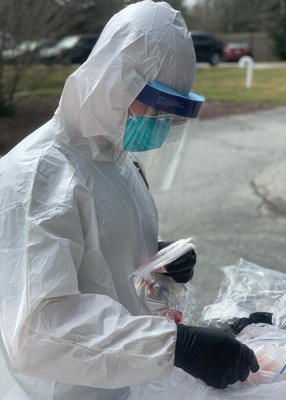 A group of aerospace medical technicians and a medical administrator from the 104th Medical Group spent the last week moving throughout Massachusetts administering tests for COVID-19, sometimes at four locations per day. (Courtesy Photo)