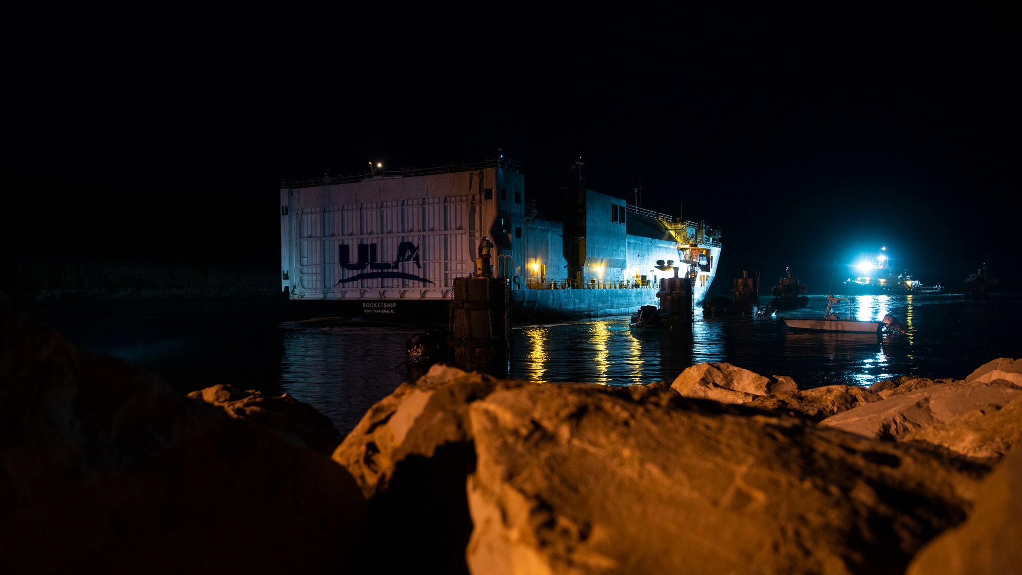 A United Launch Alliance barge, known as the RocketShip, waits to enter the docking area April 5, 2020, at Vandenberg Air Force Base, Calif. The barge docked at Vandenberg AFB to offload Delta IV Heavy boosters for an upcoming launch scheduled to occur later this year. The barge operation is a vital first step to executing the mission of assured access to space (U.S. Air Force photo by Senior Airman Aubree Owens)