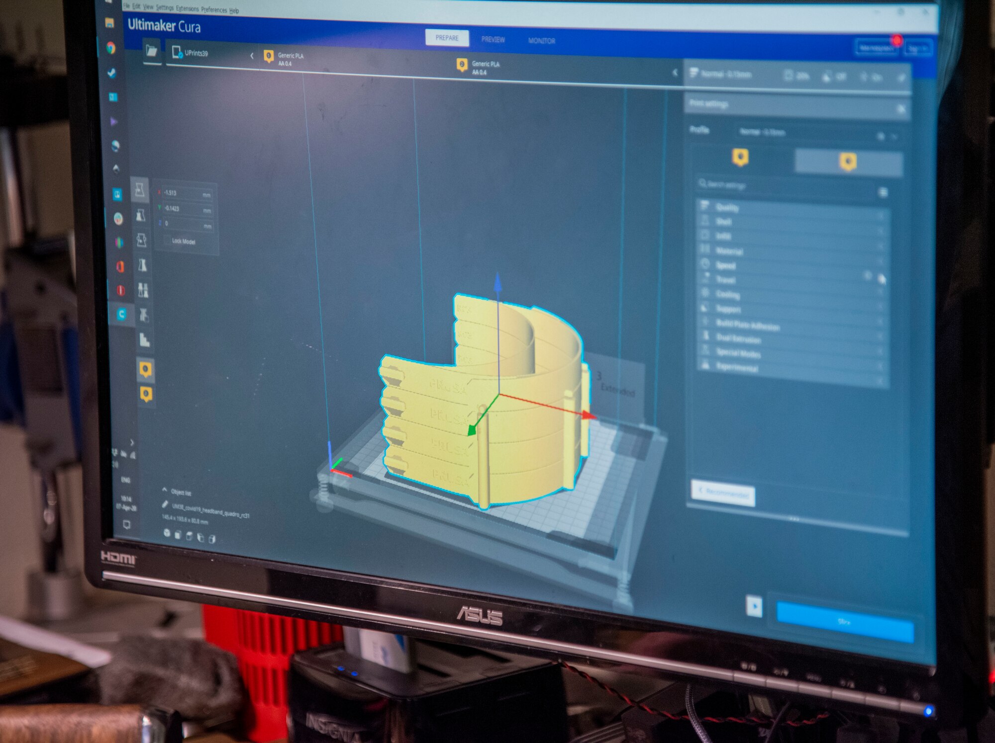 3D modeling software depicts the final 3D print for face shield adjustable headbands on April 7, 2020, at Dover Air Force Base, Delaware. The face shields were printed by the 436th Airlift Wing Innovation Lab "Bedrock" for use by medical and security forces personnel supporting COVID-19 response efforts.  (U.S. Air Force photo by Airman 1st Class Jonathan Harding)