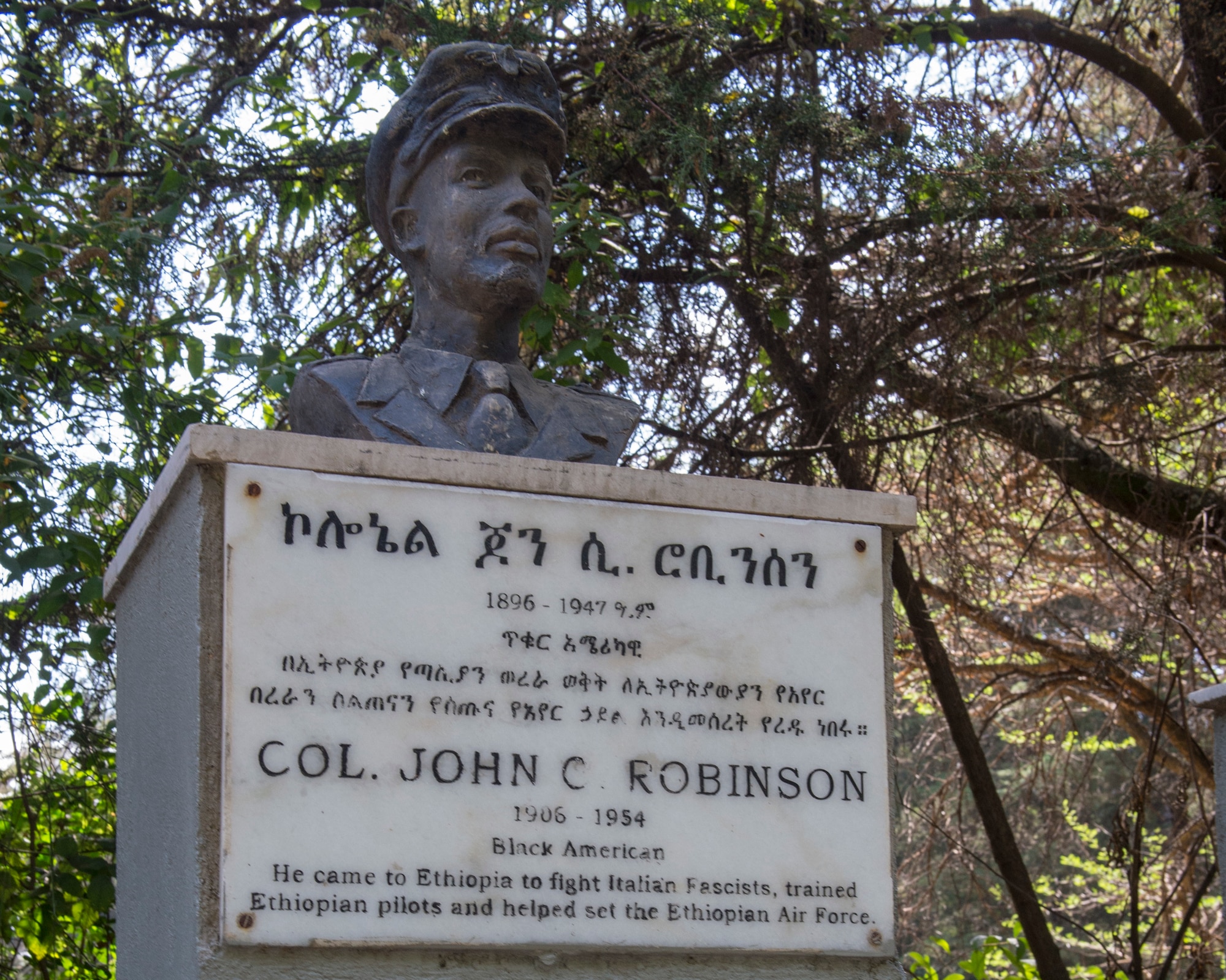 A bust of the American-born Ethiopian air force  Col. John Robinson overlooks the Addis Ababa War Cemetery in Ethiopia Jan. 11, 2020. Robinson is considered a national hero of Ethiopia who pioneered flight schools in the U.S. and Ethiopia. (U.S. Air Force photo by Staff Sgt. Sarah Brice)