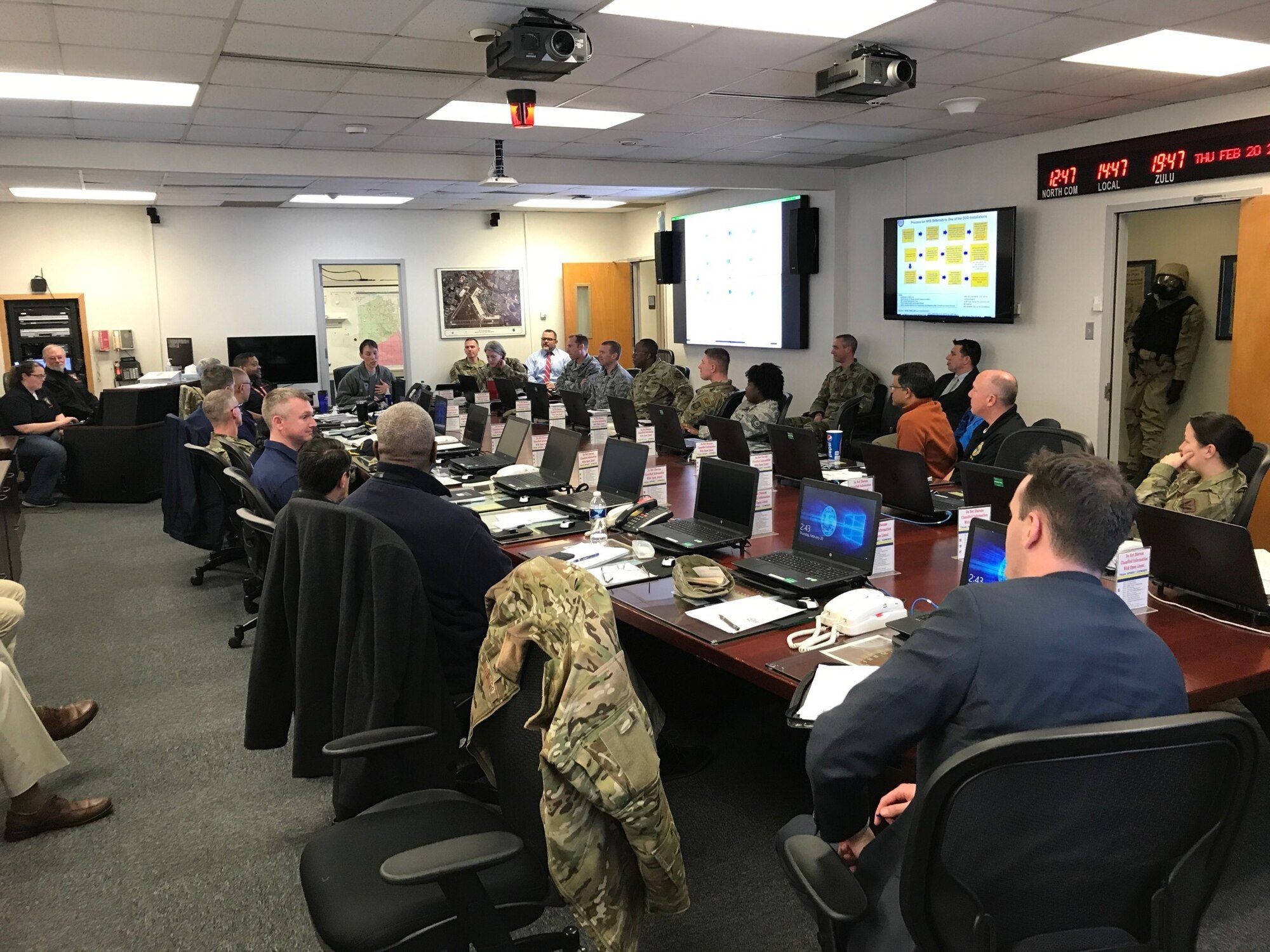 Base leaders meets with Department of Health and Human Services and New Jersey Public Health officials on February 20, 2020, at Joint Base McGuire-Dix-Lakehurst to discuss procedures if the base is identified to lodge passengers arriving from Newark International Airport requiring federal quarantine. The  Doughboy Inn serves at the identified lodging location. (Air Force photo by Maj. Brian Wagner)