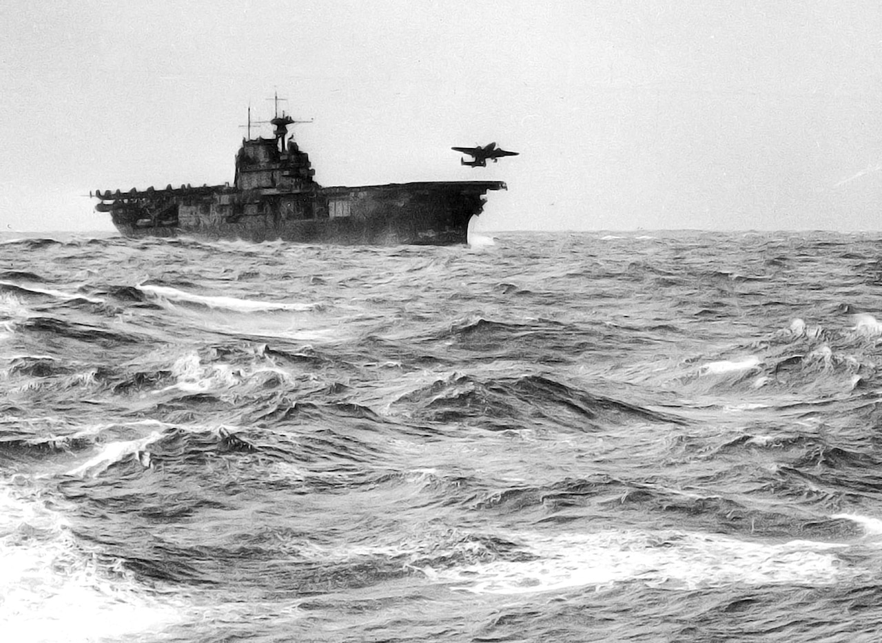 An aircraft takes off from a ship.