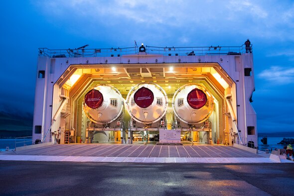 The hatch opens on a United Launch Alliance barge, known as the RocketShip, revealing Delta IV Heavy boosters April 5, 2020, at Vandenberg Air Force Base, Calif. The barge docked at Vandenberg AFB to offload Delta IV Heavy boosters for an upcoming launch scheduled to occur later this year. The barge operation is a vital first step to executing the mission of assured access to space. (U.S. Air Force photo by Senior Airman Aubree Owens)