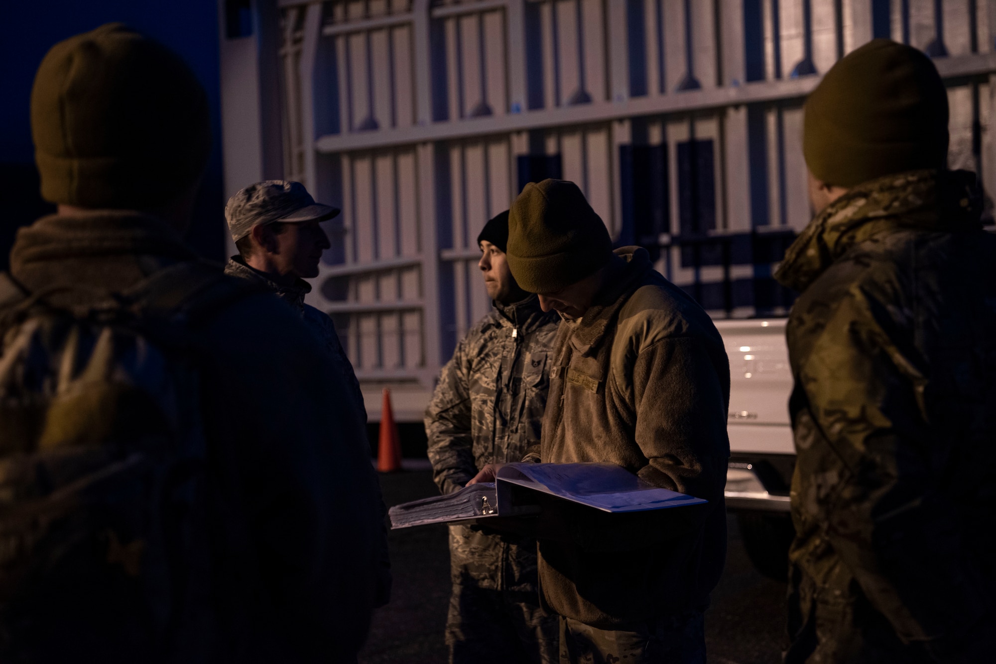 Tech. Sgt. Kenneth Ward, 2nd Space Launch Squadron mission assurance technician, gives a pre-mission brief to Airmen who will offload Delta IV Heavy boosters from the RocketShip barge April 5, 2020, at Vandenberg Air Force Base, Calif. The barge docked at Vandenberg AFB to offload Delta IV Heavy boosters for an upcoming launch scheduled to occur later this year. The barge operation is a vital first step to executing the mission of assured access to space. (U.S. Air Force photo by Senior Airman Aubree Owens)