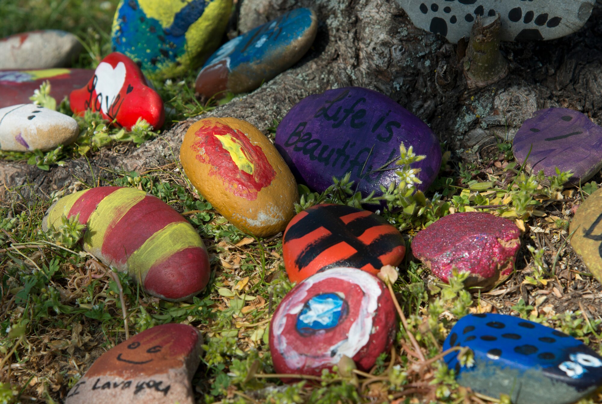 The Gentry family’s painted rocks are placed to bring joy to the community at Ramstein Air Base, Germany, April 7, 2020.