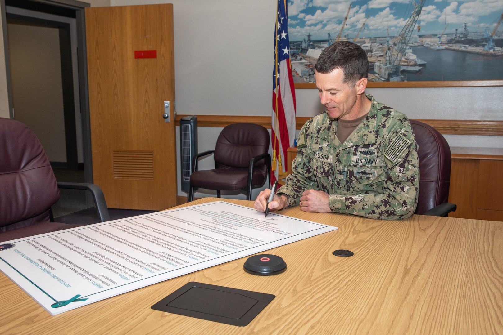 NNSY Commander, Capt. Kai Torkelson, read and signed a proclamation for SAAPM, calling upon America’s Shipyard, Sailors, and family members to increase their participation in efforts to prevent sexual assault and strengthen the Navy community.