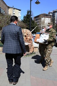 US-led Kosovo Force Regional-Command East Commander Col. Eric Riley, 41st Infantry Brigade Combat Team, Oregon Army National Guard, delivered personal protective equipment April 7, 2020, to North and South Mitrovica to help prevent the spread of COVID-19.